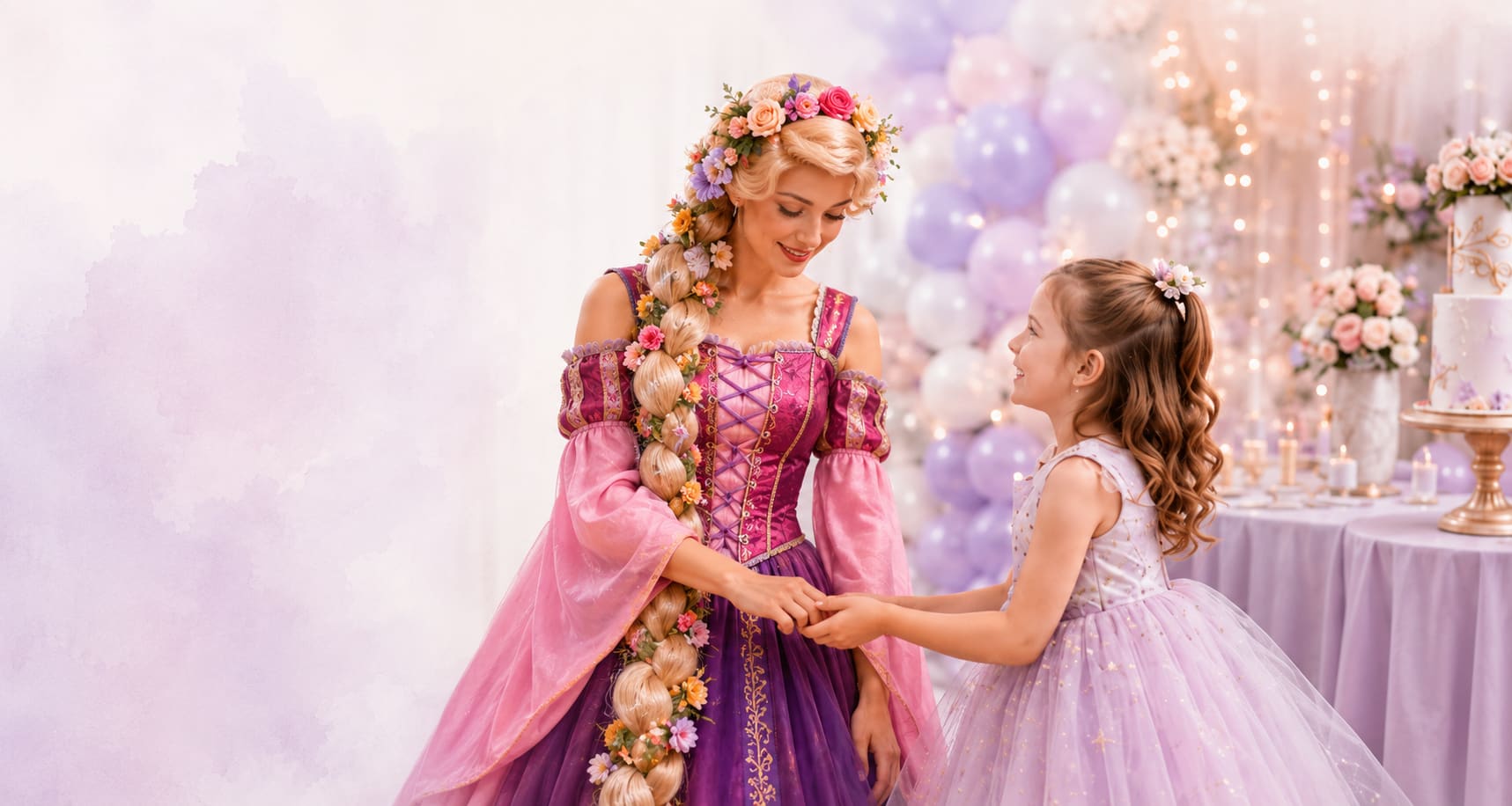 Princess performer speaking with a child at a party